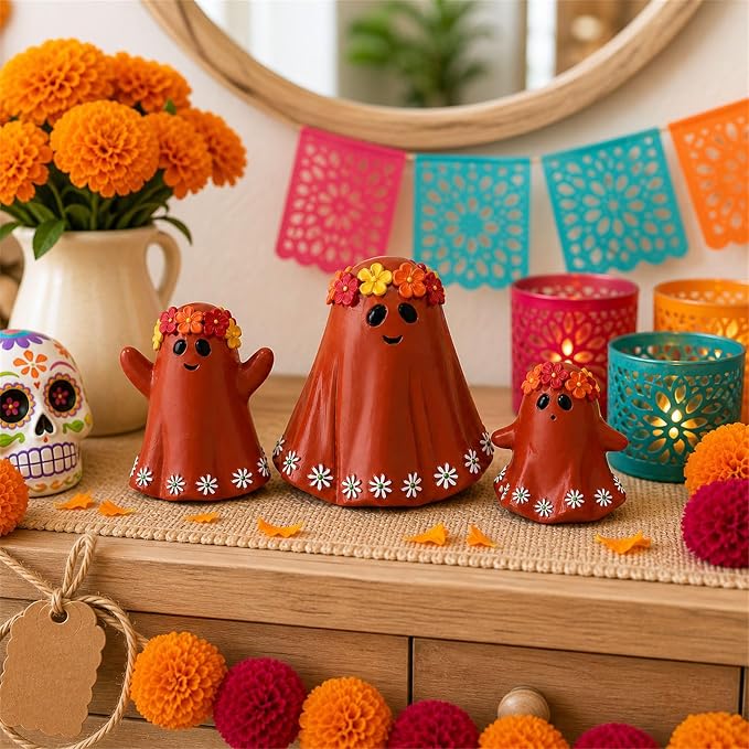 Set of 3 Ghost Figurines Day of The Dead Ofrenda Home Decorations - skull figurine