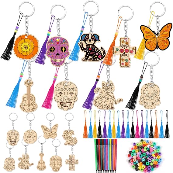 HOWAF Sugar Skull Wooden Crafts Kit, 18pcs DIY Day of the Dead Supplies Keychain with Tassels Beads Markers, Mexican Día de los Muertos Halloween Art Craft Supplies for School Projects DIY Favors - sugar skull ornament