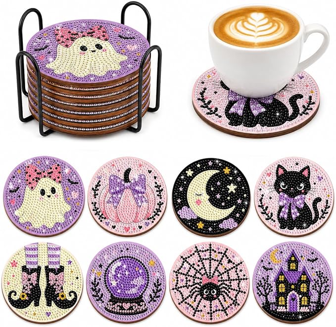 8 Pcs Halloween Diamond Art Coasters Wooden DIY Coasters with Holder Ghost Pumpkin Moon Black Cat Spider Web Diamond Art Coasters for Drinks Halloween Crafts Gifts Home Table Decor - skull coaster