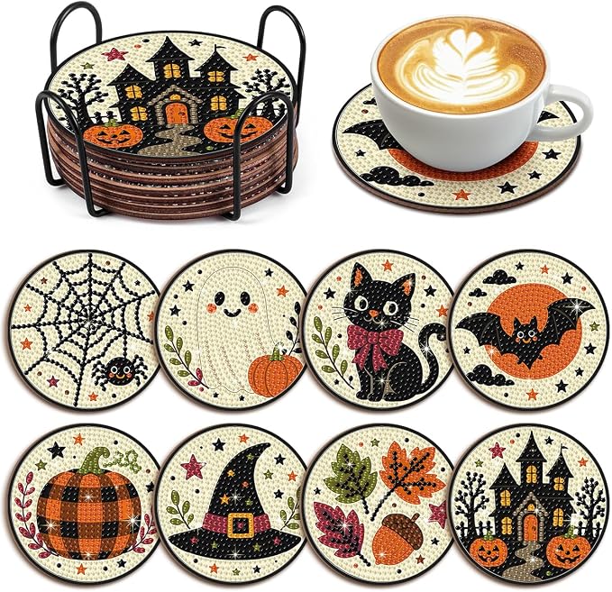 8 Pcs Halloween Diamond Art Coasters Wooden DIY Coasters with Holder Ghost Pumpkin Black Cat Diamond Art Coasters for Drinks Halloween Crafts Gifts Home Table Decor - skull coaster