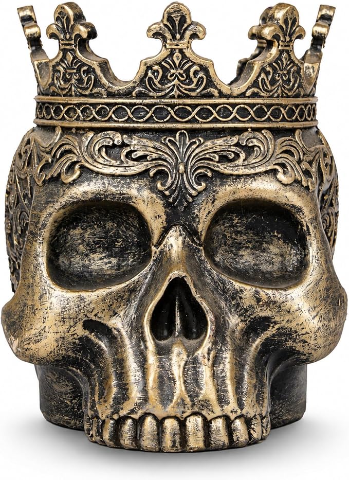 6 Inch Vintage Crowned Skull Pen Holder - skull figurine