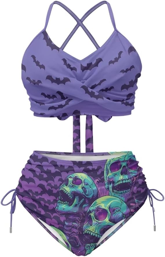 Women's 2 Pcs Bikini Sets High Waisted Tummy Control Drawstring Swimsuits Crisscross Back Bathing Suit - skull swimsuit