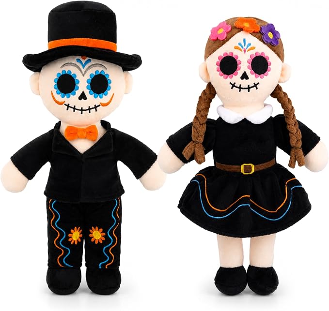 Day of the Dead Plush Figures Set – 2-Pack Cute Sugar Skull Dolls - skull inflatable