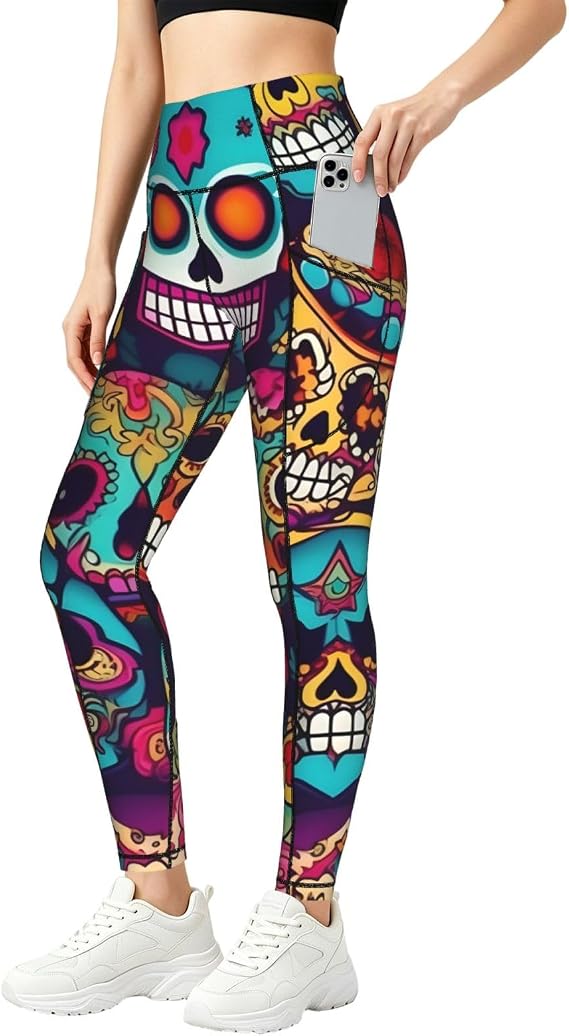 Sugar Skulls Print Leggings with Pockets,High Waist Tummy Control Pants, Workout Sets for Women - skull leggings