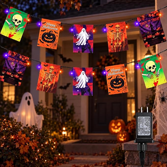 Orange & Purple Halloween Lights with Scary Flag, 48ft Led String Lights - string light