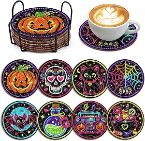 8 Pcs Halloween Diamond Art Coasters Wooden DIY Coasters with Holder Neon Pumpkin Skull Black Cat Spider Web Diamond Art Coasters for Drinks Halloween Crafts Gifts Home Table Decor - skull coaster