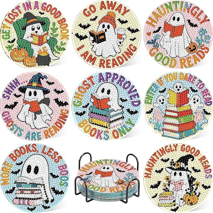 Halloween Diamond Art Coasters Kits, Diamond Painting Coasters with Holder - skull coaster