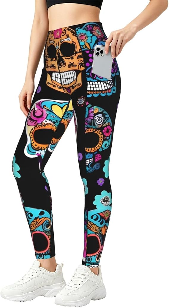 Sugar Skull Print Leggings with Pockets,High Waist Tummy Control Pants, Workout Sets for Women - skull leggings
