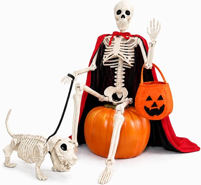 36'' Halloween Skeleton Decoration with Skeleton Dog, Cape and Pumpkin Bag - skeleton