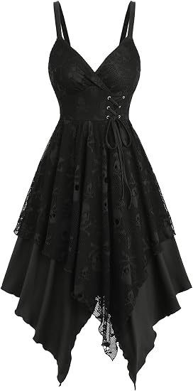 LUNARA Womens Gothic Skull Mesh Midi Halloween Costume Lace-up Cami Dress - sugar skull dress