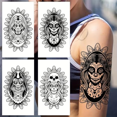 4 Sheets Catrina Skull Tattoos. Black Sugar Temporary Sticker Set. - skull sticker