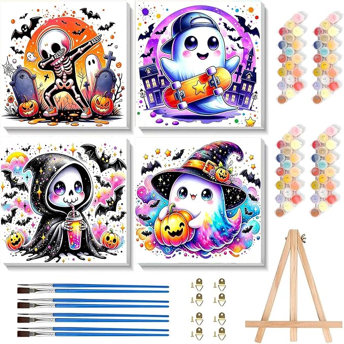 Tabszca 4 Pack Halloween Paint by Numbers Kit for Kids with Frame 8×8 Inch