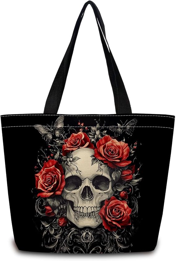 Red Rose Skull Reusable Grocery Tote Bag - sugar skull handbags for sale