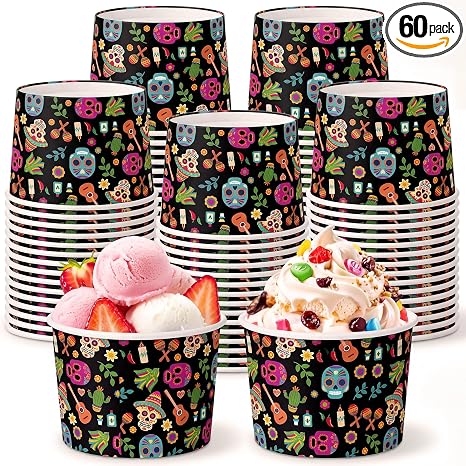 60 Pcs Day of The Dead Paper Bowls 9 oz Skull Disposable Dessert Cup - skull plate