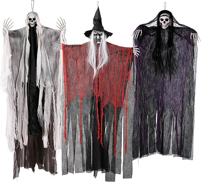 Lansian 3 Pack Halloween Hanging Skeleton Ghosts, Grim Reaper Decorations with Posable Arms, 35"/47"/55" Scary Ghosts for Outdoor Indoor Yard Porch Haunted House - skeleton