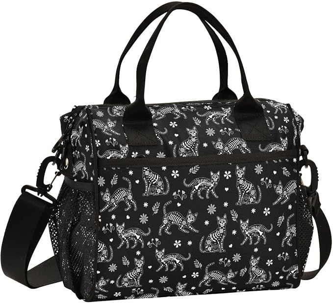 Cat Skull Insulated Lunch Bag, Adjustable Shoulder Strap 12L - skull suitcase