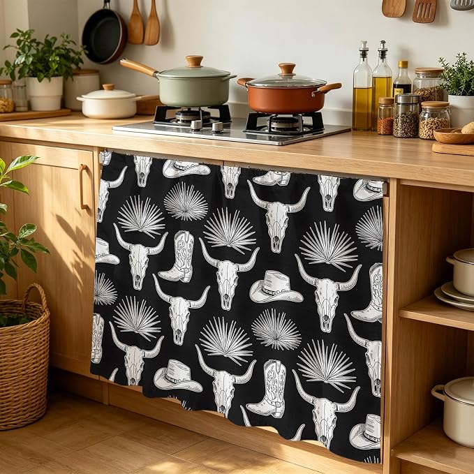 Horror Skulls Cabinet Curtain 35"Wx35"L,Dustproof Under Sink Skirt with Self Adhesive Tape,Southwestern Horns Boho Tribal Hats Boots Cabinet Curtain Cover for Kitchen Sink,Bathroom Vanity,Laundry Room - skull sticker