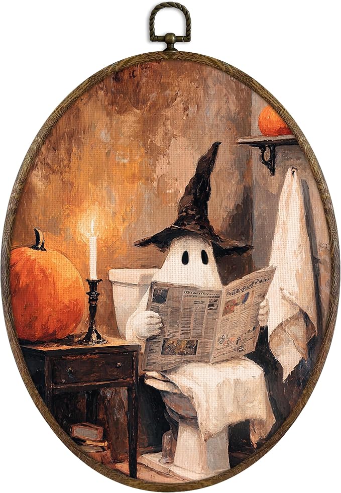 KFXHANGD Vintage Fall Ghost Oval Framed Wall Art, Fall Bathroom Decor - skull wall art