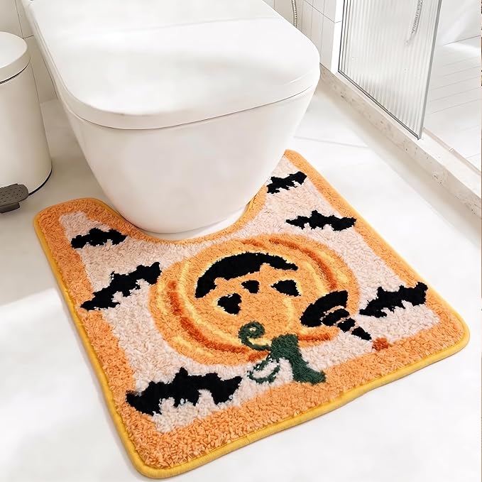 Halloween Pumpkin Bat U Shaped Toilet Rug, Soft Plush Non Slip Washable Bathroom Rug, Absorbent Contour Bath Mat for Toilet Base, Spooky Fall Bathroom Decor 22" x 20" - skull toilet mat