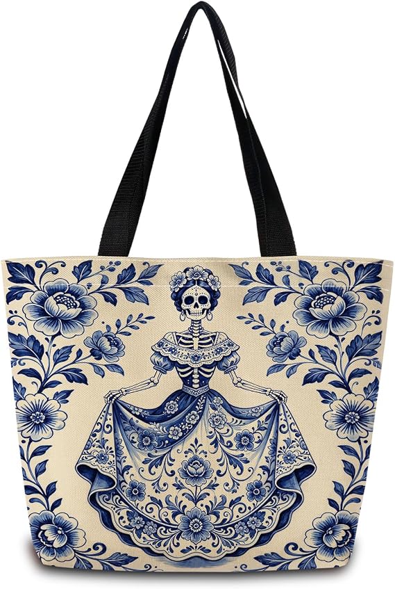 Blue Porcelain Skull Reusable Grocery Tote Bag - sugar skull handbags for sale