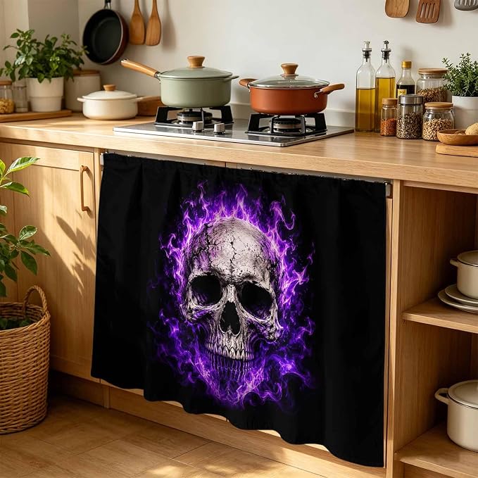 BEMIGO Black Halloween Cabinet Curtain 35" Wx35 L, Dustproof Under Sink Skirt with Self Adhesive Tape, Purple Fire Skull Artwork Cabinet Curtain Cover for Kitchen Sink, Bathroom Vanity, Laundry Room - skull sticker