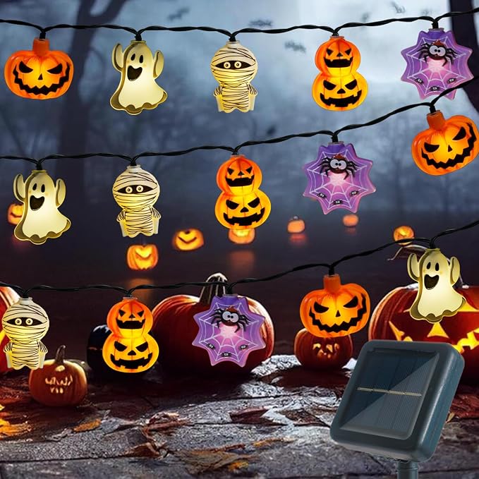 Halloween Decorations Outdoor Solar String Lights, 25.8ft 40LED Pumpkin Ghost Mummy Stacked Pumpkins Spider Web Solar Halloween Lights for Outside House Garden Yard Halloween Party Decor - string light