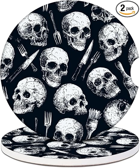 Black Skull Cup Coasters for Cup Holders 2 Pack, Absorbent Ceramic Car Cup Holder Coaster Anti Slip Liners for Women Men, 2.56 Inch - skull coaster