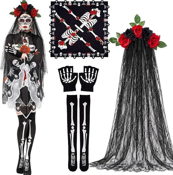 WILLBOND 4 Pcs Day of The Dead Skeleton Costume Accessories Set for Women - sugar skull costume
