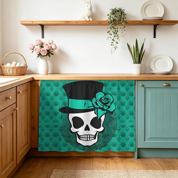 Halloween Cabinet Curtain 28"Wx35"L,Dustproof Under Sink Skirt with Self Adhesive Tape,Skull Head Roses Horror Street Art Mint Green Cabinet Curtain Cover for Bathroom Vanity,Kitchen Sink,Laundry Room - skull sticker