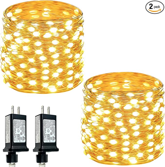 2 Pack Fairy Lights Plug in 99FT 300 LED Christmas String lights Warm White - string light