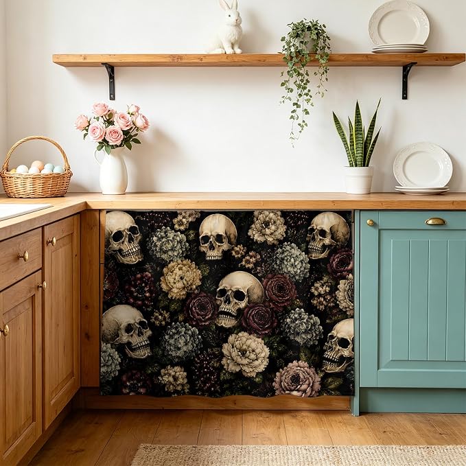 Skull Halloween Sink Skirt 11"Wx13"L, Dustproof Under Sink Curtain with Self Adhesive Tape, Floral Botanical Horror Roses Cabinet Curtain Cover for Bathroom Vanity, RV, Kitchen Cabinet Storage Shelf - skull sticker