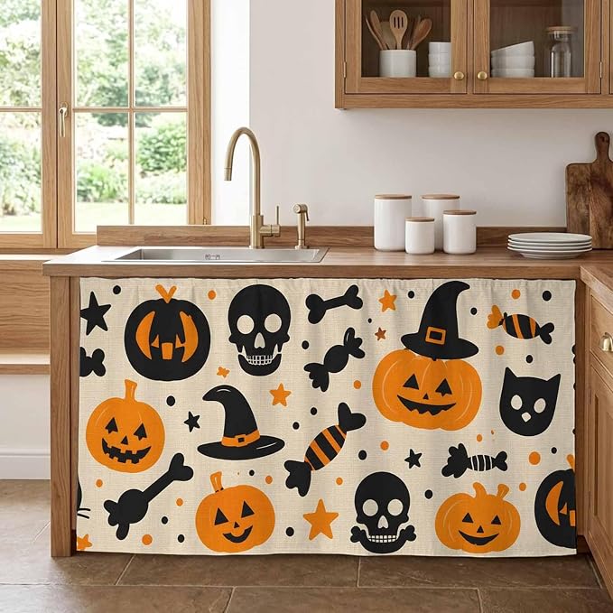Halloween Cabinet Curtain 32"Wx55"L, Dustproof Pantry Door Curtain with Self Adhesive Tape, Orange Pumpkins Black Skull Stars Candy Tall Storage Cover Privacy Drape for Bathroom Kitchen Laundry Room - skull sticker