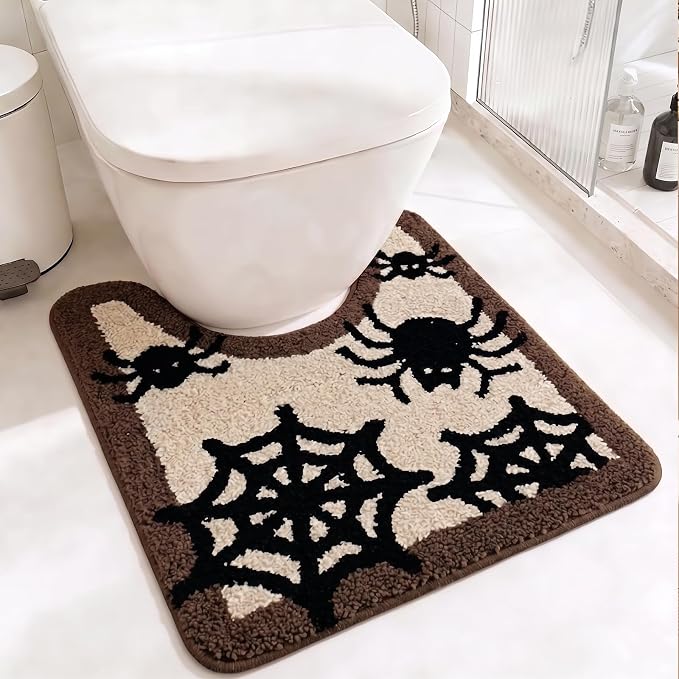 Halloween Spider Web U Shaped Toilet Rug, Soft Plush Non Slip Washable Bathroom Rug, Absorbent Contour Bath Mat for Toilet Base, Spooky Fall Bathroom Decor 22" x 20" - skull toilet mat