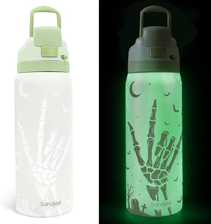 SANDJEST Halloween Skeleton Glow Stainless Steel Water Bottle, 32oz