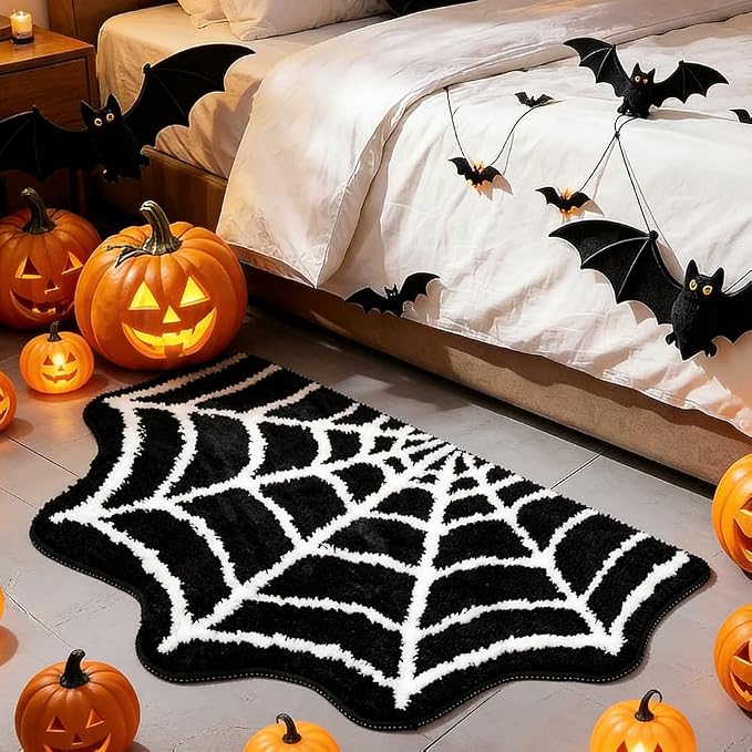 CRASPIRE Spider Web Bath Mat 30×20 Halloween Decoration Floor Mats Non-Slip Rugs Spiderweb Rug Washable Goth Gothic Black White Faux Doormat Carpet for Front Door Bathroom Bedroom Living Home