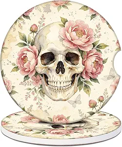 Skull Flower Cup Coasters for Cup Holders 2 Pack, Floral Absorbent Ceramic Car Cup Holder Coaster Anti Slip Liners for Women Men, 2.56 Inch - skull coaster