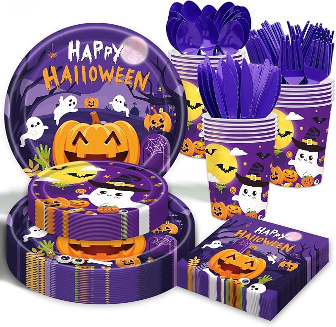 175Pcs Halloween Plates and Napkins Sets - Cute Happy Halloween Party Supplies Tableware, Halloweens Disposable Paper Plates Napkins Set for Halloweens Birthday Party Decorations Favors, Serve 25 - skull plate