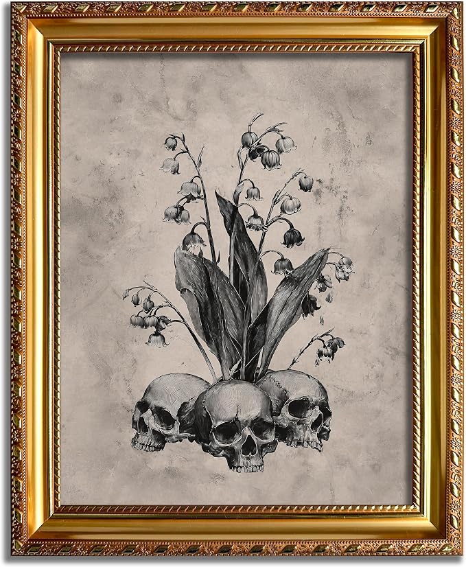 Vintage Skull Floral Wall Art Decor, Gothic Gold Framed Canvas Print