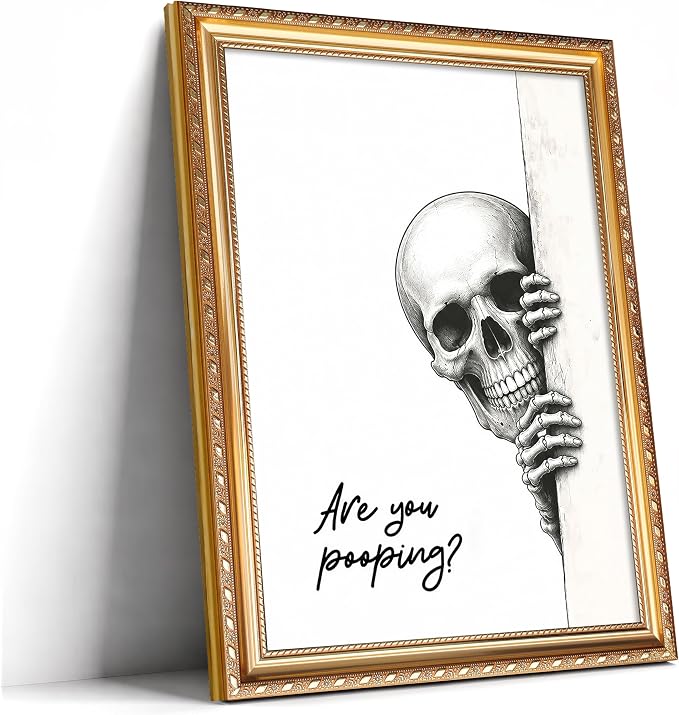 JBZDD Funny Skull Bathroom Wall Art, Toilet Decor, Gold Frame 8x10 Inch - skull wall art