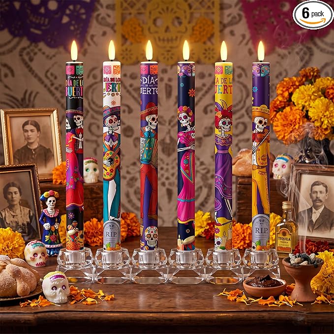 Aurelema 6 Pcs Dia De Los Muertos Battery Operated Flameless Taper Candles - skull candle
