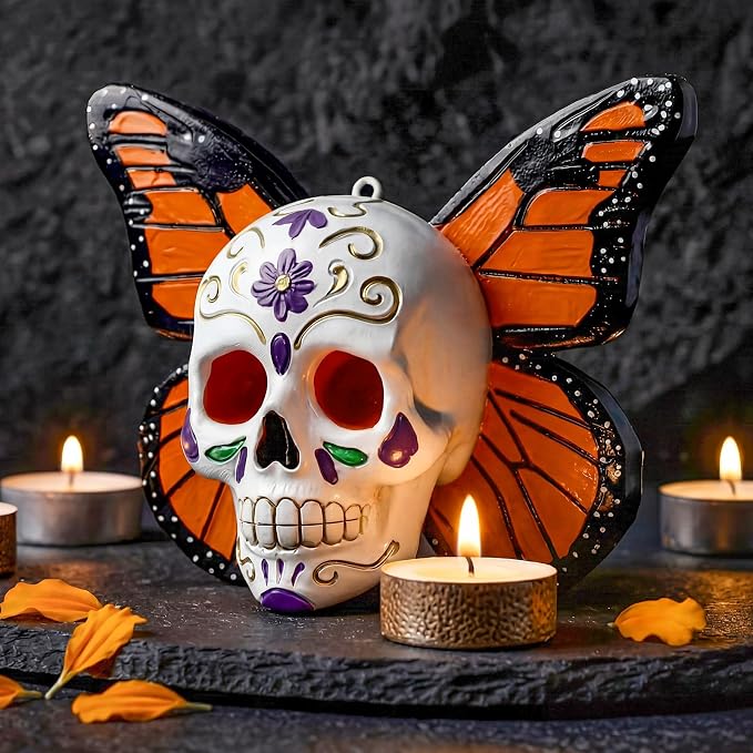 Mifoci Day of The Dead Decor Sugar Skull and Monarch Butterfly, 5.9'' Resin - sugar skull ornament