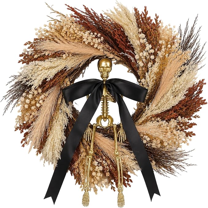 18'' Skeleton Halloween Wreath for Front Door with Faux Wheat Grass - skull wreath