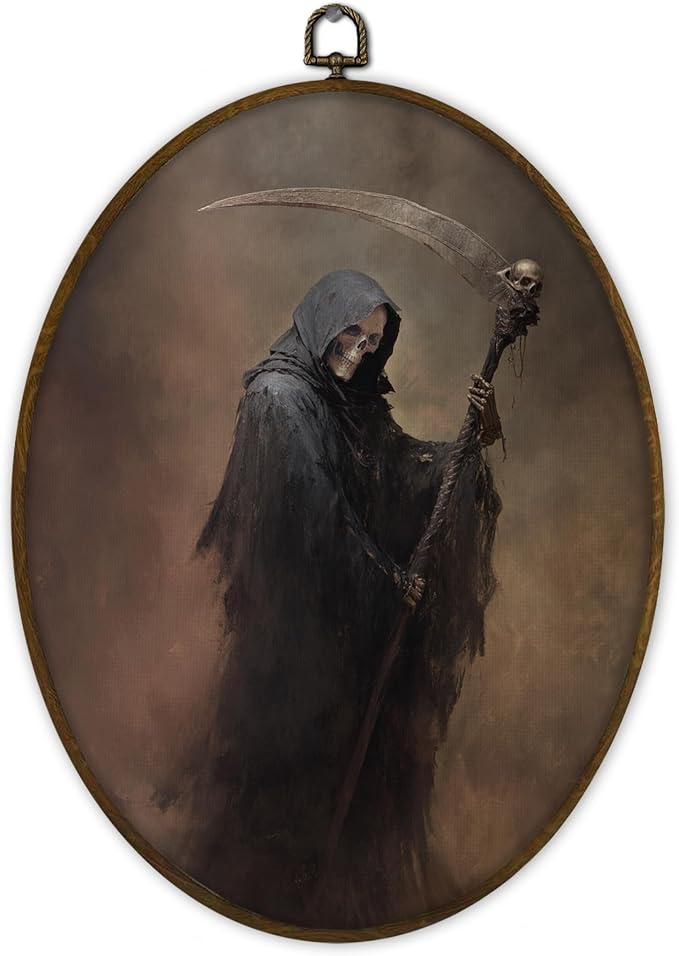 Gnmduw Halloween Skeleton Grim Reaper Oval Wall Art Framed Decor, 8.7×11.3