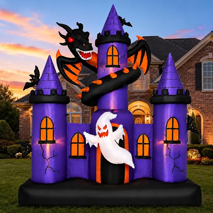 9 FT Giant Halloween Inflatable Haunted Castle with Dragon and Ghost - skull inflatable