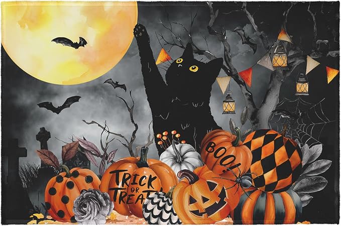 Black Cat Pumpkins Halloween Area Rug 2×3 Spooky Bats Moon Holiday Door Mats Trick or Treat Decor Front Doormat Non-Slip Low Pile Outdoor Indoor Small Rugs for Entryway Bedroom Laundry Room
