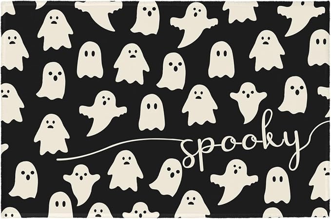 Halloween Area Rug 2x3 Cute Ghost Spooky Fall Holiday Decor Door Mats Black White Halloween Non-Slip Low Pile Front Doormat Outdoor Indoor Small Rugs for Entryway Bedroom Laundry Room - skull floor mat