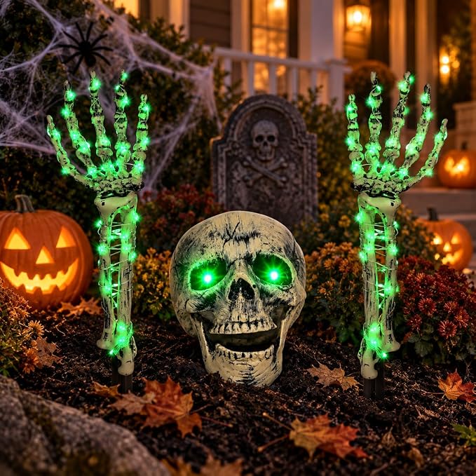 FLYSNK Lighted Halloween Skeleton Groundbreaker Decorations Outdoor, Spooky Skull and Arms Yard Stakes with Green LED Lights, 8 Modes & Auto-Timer Graveyard Zombie Decor for Lawn Garden Porch - skeleton