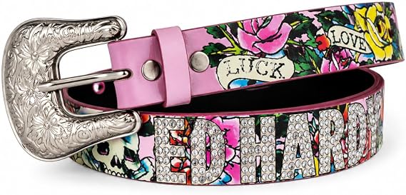 ED HARDY Women's Skull & Flower Print Studded Embellished Narrow Metal Buckle Adjustable Fashion Ladies Belt - skull wallet