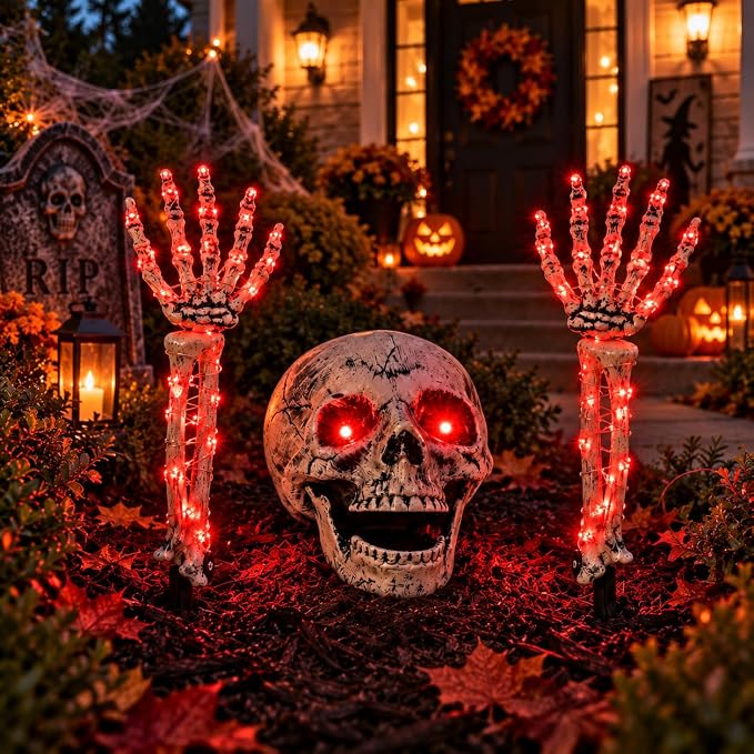 Halloween Skeleton Decorations Outdoor, Light Up Skull Head & Skeleton Hands Stake Lights with Red LED, Battery Operated Halloween Yard Decor for Lawn, Garden, Graveyard, Haunted House & Party - skeleton