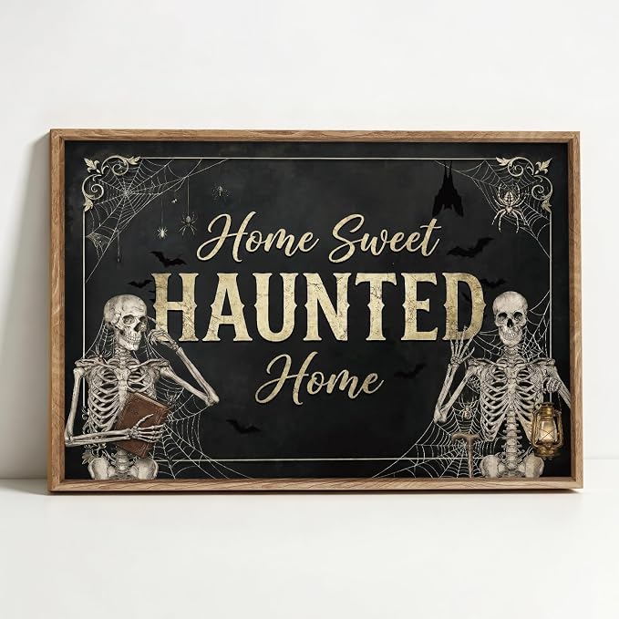 TOARTi Framed Spooky Halloween Home Sweet Haunted Home Wall Art 16″x24″, Vintage Skeleton Spider Bat Farmhouse Canvas Print Wall Decor